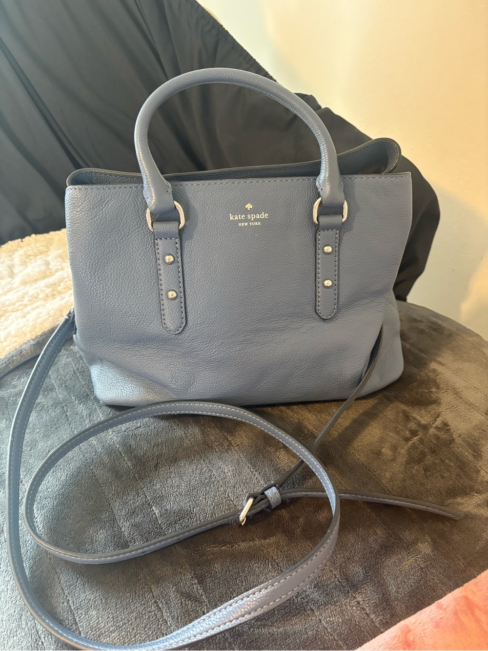 kate spade gray-blue Pebbled Leather Satchel with Crossbody Strap
